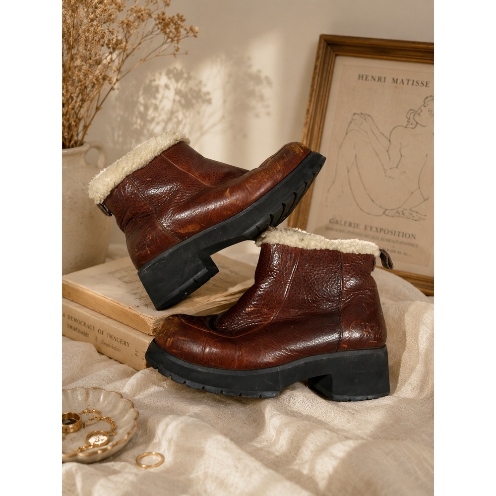 UGG Australia Brown Leather Shearling Lined Platform Ankle Boots 7 Apres Boho